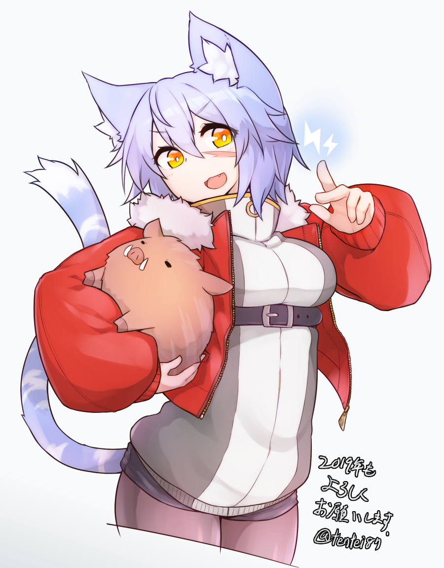 1girl 2019 animal animal_ears blue_hair blush boar breasts cat_ears cat_tail chinese_zodiac eyebrows_visible_through_hair fang fur_trim holding holding_animal jacket large_breasts looking_at_viewer open_mouth orange_eyes original ryota_tentei scar short_hair shorts simple_background smile solo tail tora_tentei