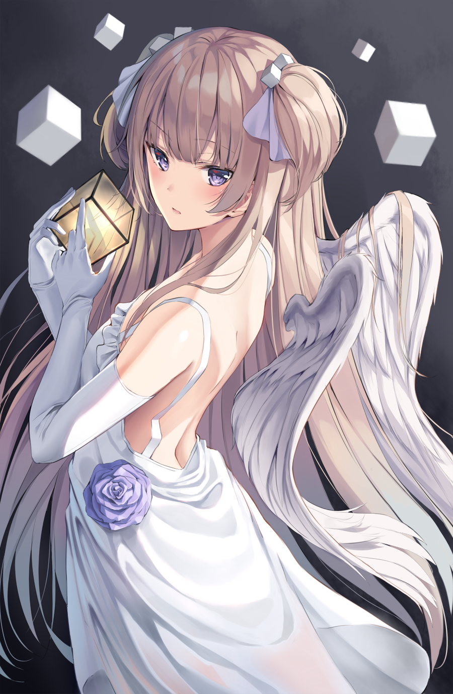 1girl angel angel_wings bangs blonde_hair blush breasts commentary cube dress elbow_gloves feathered_wings from_behind gloves hair_ribbon halo highres holding long_hair looking_at_viewer looking_back open_mouth original ribbon solo superpig two_side_up very_long_hair violet_eyes white_dress white_gloves wings