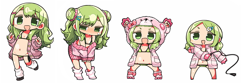 1girl :d animal_ears arms_up bangs barefoot bear_ears bear_hood bikini bikini_under_clothes black_footwear blush chibi closed_mouth commentary_request double_bun eyebrows_visible_through_hair fake_animal_ears flower green_bikini green_eyes green_hair groin hair_between_eyes hair_flower hair_ornament hairclip holding holding_whip hood hood_down hooded_jacket jacket kanikama long_hair loose_socks morinaka_kazaki multiple_views navel nijisanji nose_blush off_shoulder open_clothes open_jacket open_mouth pink_jacket pink_legwear shoes simple_background smile striped striped_jacket striped_legwear sweat swimsuit virtual_youtuber whip white_background white_flower white_legwear