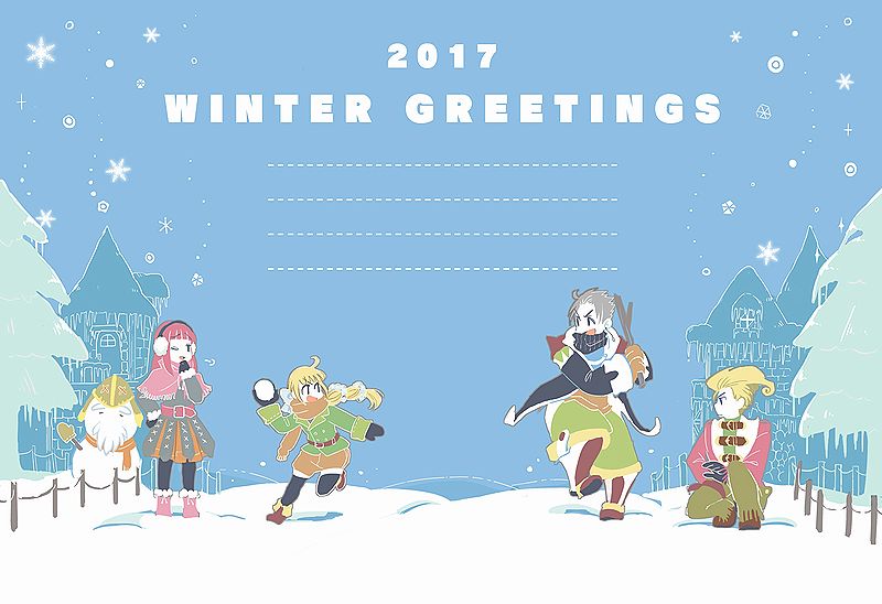 2017 2boys 2girls 72yan blonde_hair boots calendar_(medium) coat commentary_request earmuffs gloves gustaf ice long_hair multi-tied_hair multiple_boys multiple_girls primiera_(saga) redhead roberto saga saga_frontier_2 scarf shorts snow snowman very_long_hair virginia_knights winter