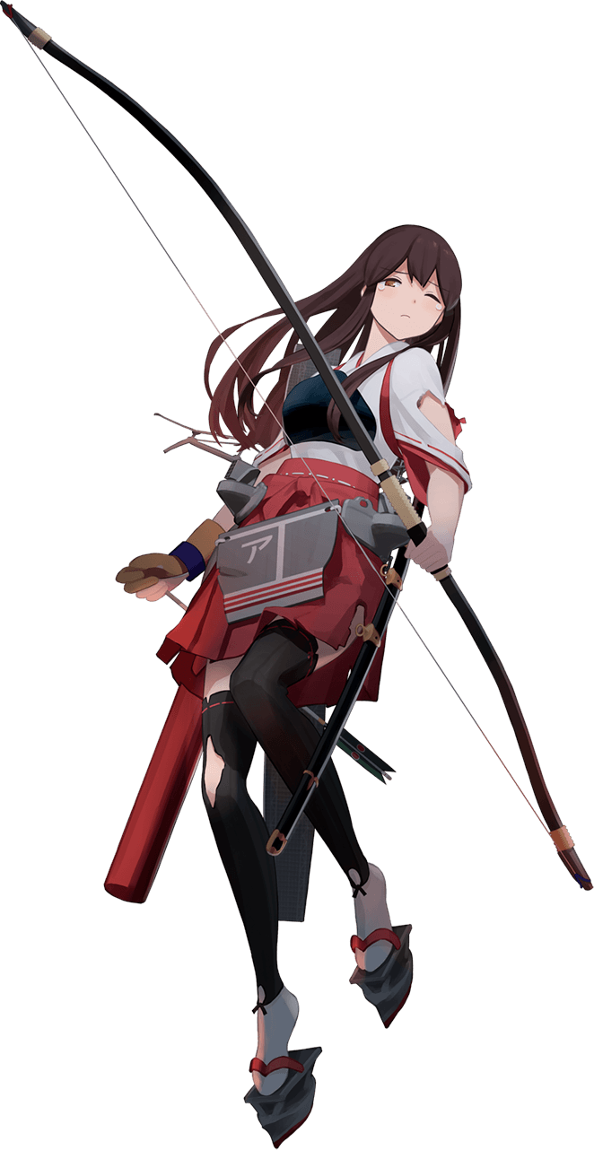 1girl akagi_(kantai_collection) arrow black_legwear bow breasts brown_eyes brown_gloves brown_hair closed_mouth frown full_body gloves hakama_skirt highres hull_shoes japanese_clothes kantai_collection large_breasts long_hair looking_at_viewer muneate official_art one_eye_closed pleated_skirt quiver remodel_(kantai_collection) rigging sheath sheathed shibafu_(glock23) sidelocks single_glove skirt solo sword thigh-highs torn_clothes transparent_background weapon wide_sleeves
