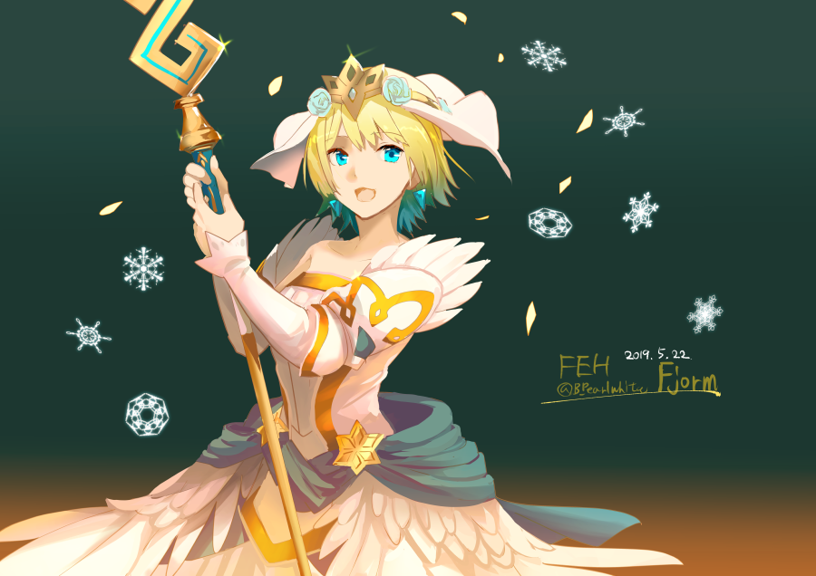 1girl bare_shoulders blonde_hair blue_eyes blue_flower blue_hair bridal_veil bride bride_(fire_emblem) character_name collarbone commentary_request crown dress earrings eyebrows_visible_through_hair fire_emblem fire_emblem_heroes fjorm_(fire_emblem_heroes) flower gradient_hair hair_between_eyes hair_flower hair_ornament holding holding_staff jewelry looking_at_viewer multicolored_hair open_mouth petals shoochiku_bai short_hair smile snowflakes solo staff twitter_username veil weapon wedding_dress white_dress