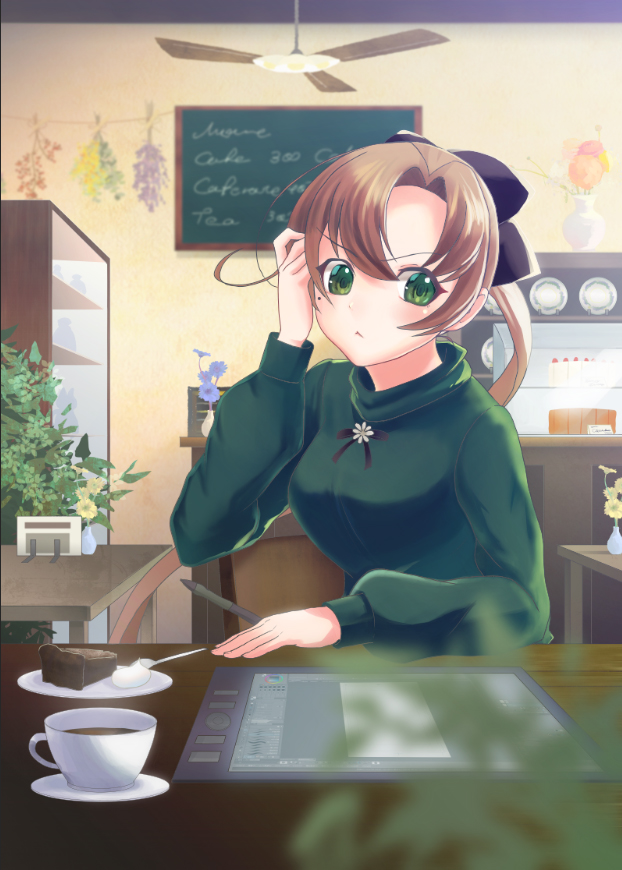 1girl :&lt; adjusting_hair akigumo_(kantai_collection) black_bow black_ribbon blue_flower blurry blurry_foreground blush bow brown_hair cabinet cafe cake ceiling_fan chalkboard chocolate_cake commentary_request cup depth_of_field drawing_tablet drink english_text flower food green_eyes green_sweater hair_bow hand_in_hair hand_up herb_bundle holding holding_stylus indoors kantai_collection long_hair long_sleeves matatabi_yosi mole mole_under_eye orange_flower plant plate ponytail purple_flower red_flower ribbon saucer slice_of_cake solo spoon stylus sweater table teacup turtleneck turtleneck_sweater vase yellow_flower