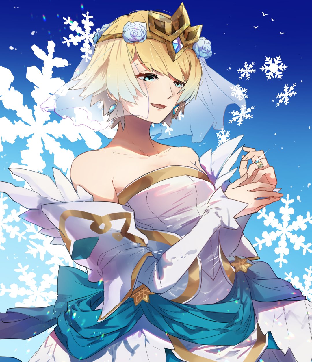 1girl blonde_hair blue_background blue_eyes blue_flower blue_hair bride bride_(fire_emblem) commentary_request crown dress earrings fire_emblem fire_emblem_heroes fjorm_(fire_emblem_heroes) flower gradient gradient_background hair_flower hair_ornament haru_hikoya highres jewelry multicolored_hair open_mouth ring short_hair simple_background snowflakes solo strapless strapless_dress upper_body veil wedding_dress white_dress