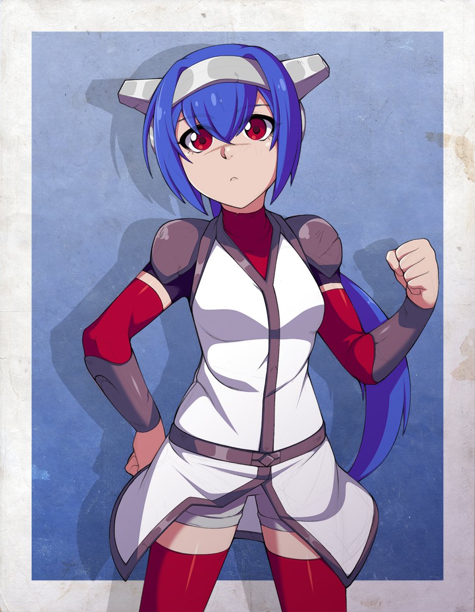 1girl annoyed arm_warmers blue_hair bracer chuunioniika clenched_hands crosscode eyebrows_visible_through_hair facial_scar hair_between_eyes hand_on_hip helmet highres jacket lea_(crosscode) long_hair looking_at_viewer nose_scar ponytail raised_fist red_eyes red_legwear scar shorts shorts_under_skirt shoulder_armor sidelocks solo spaulders standing thigh-highs two-tone_background