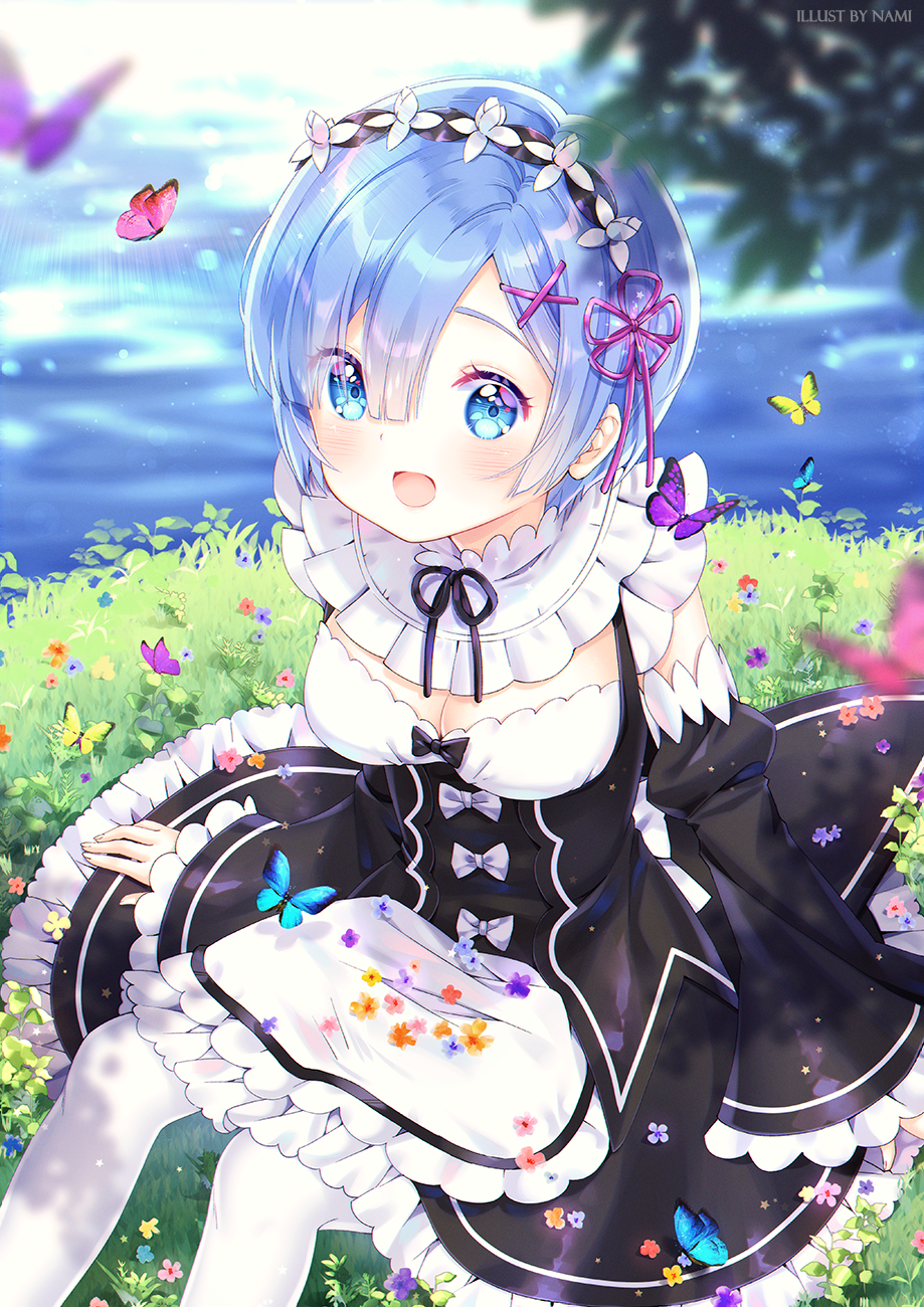 1girl :d animal apron bangs black_dress black_sleeves blue_eyes blue_flower blue_hair blurry blurry_background blurry_foreground blush bug butterfly commentary depth_of_field detached_sleeves dress fingernails flower frilled_dress frills hair_between_eyes hair_ornament hair_ribbon hairclip highres insect juliet_sleeves long_sleeves natsumii_chan open_mouth pantyhose puffy_sleeves purple_flower purple_ribbon re:zero_kara_hajimeru_isekai_seikatsu red_flower rem_(re:zero) ribbon short_hair sleeves_past_wrists smile solo spring_(season) symbol_commentary waist_apron water white_apron white_legwear wide_sleeves x_hair_ornament yellow_flower