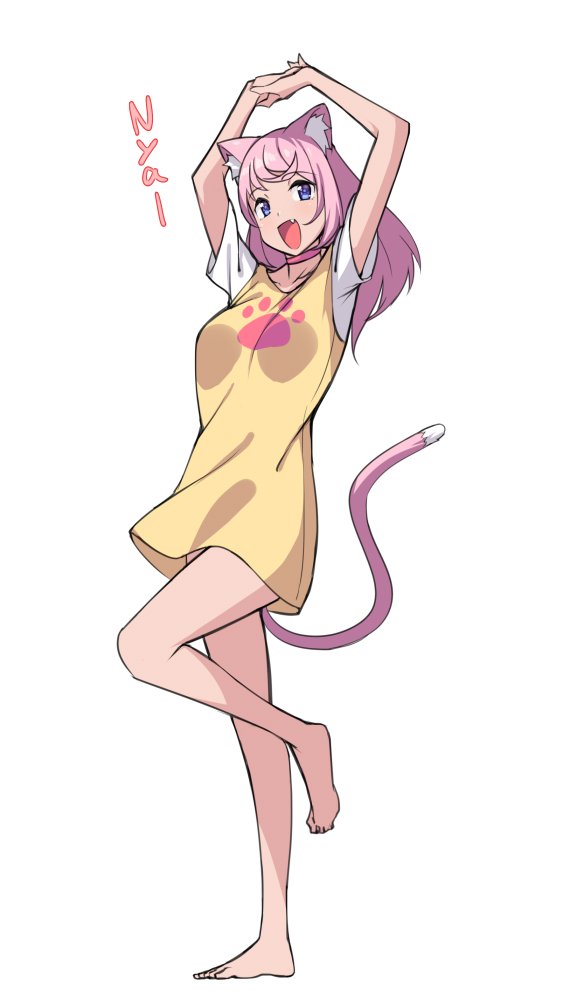 1girl :d animal_ear_fluff animal_ears arms_up bare_legs barefoot blue_eyes cat_ears cat_tail commentary fang full_body long_hair looking_at_viewer nyan open_mouth original paw_print pink_hair raglan_sleeves saiste shirt simple_background smile solo standing standing_on_one_leg t-shirt tail white_background yellow_shirt