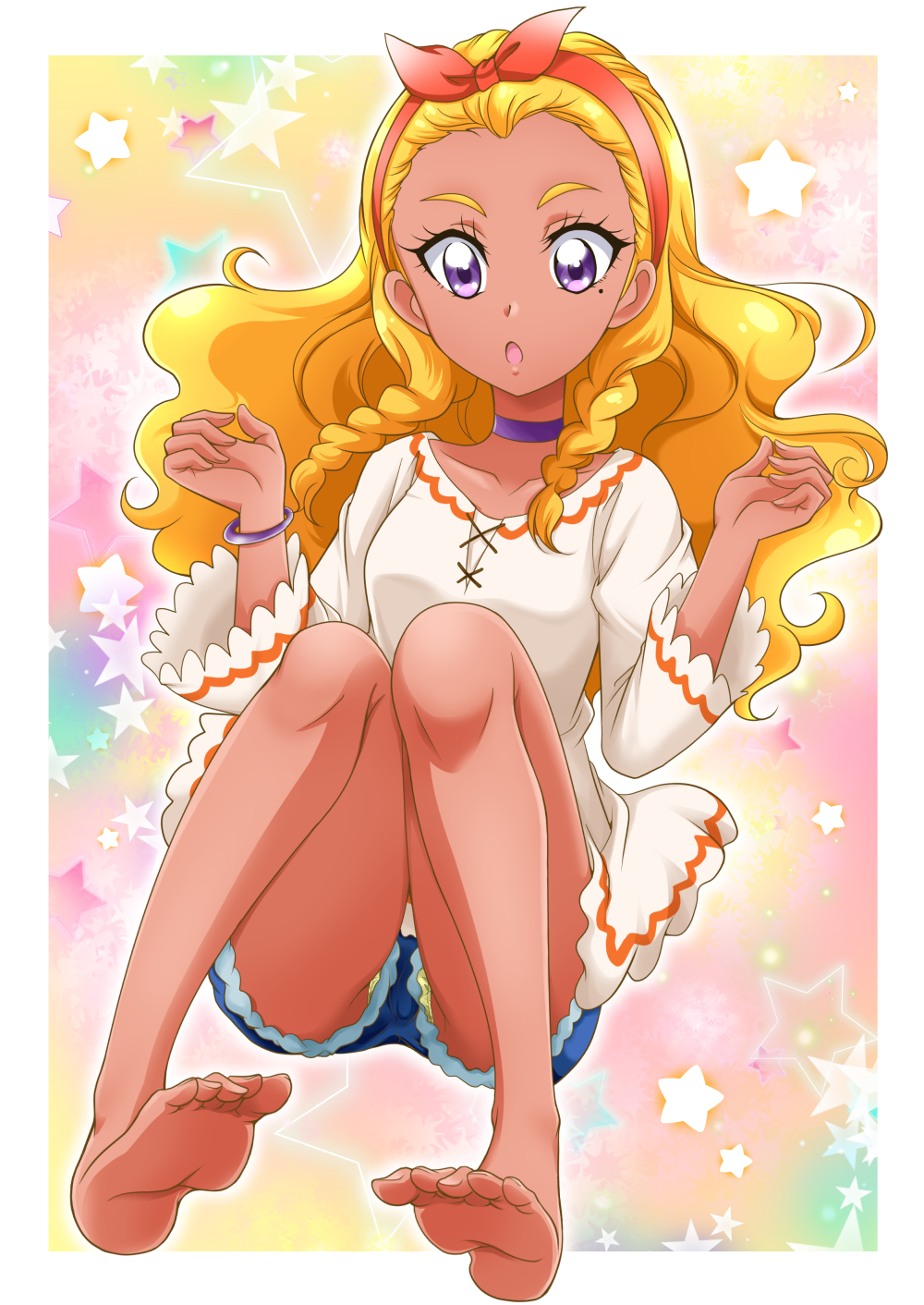 1girl :o amamiya_erena barefoot blonde_hair blue_shorts bow choker collarbone feet floating_hair full_body hair_bow hairband hanzou highres long_hair long_sleeves mole mole_under_eye precure red_bow red_hairband shiny shiny_hair shirt short_shorts shorts soles solo star_twinkle_precure toes violet_eyes white_shirt