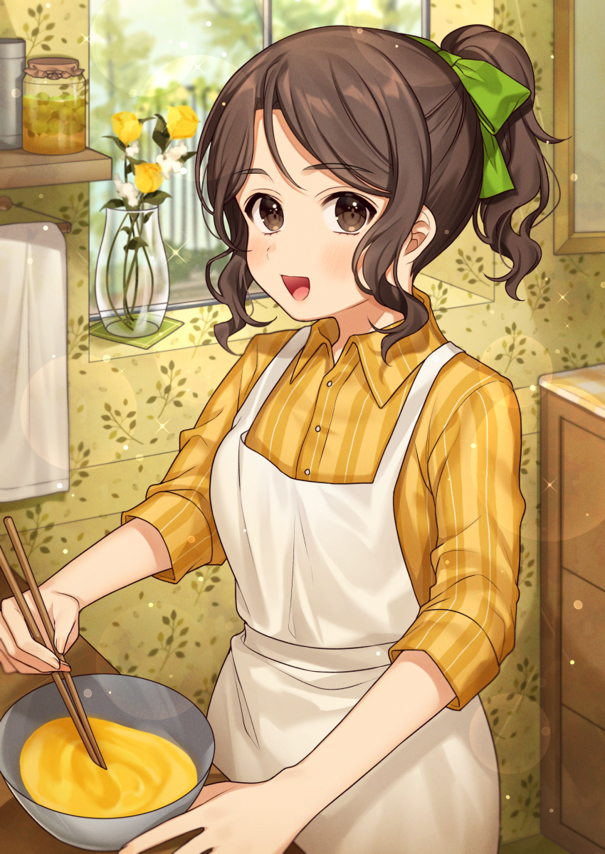 1girl :d apron blurry blurry_background blush bow brown_eyes brown_hair brown_skirt chopsticks collared_shirt commentary_request day depth_of_field dress_shirt fingernails flower green_bow hair_bow high_ponytail highres holding holding_chopsticks indoors karokuchitose looking_at_viewer mixing_bowl open_mouth original ponytail rose shirt sidelocks skirt smile solo striped striped_shirt vase vertical-striped_shirt vertical_stripes white_apron white_flower window yellow_flower yellow_rose