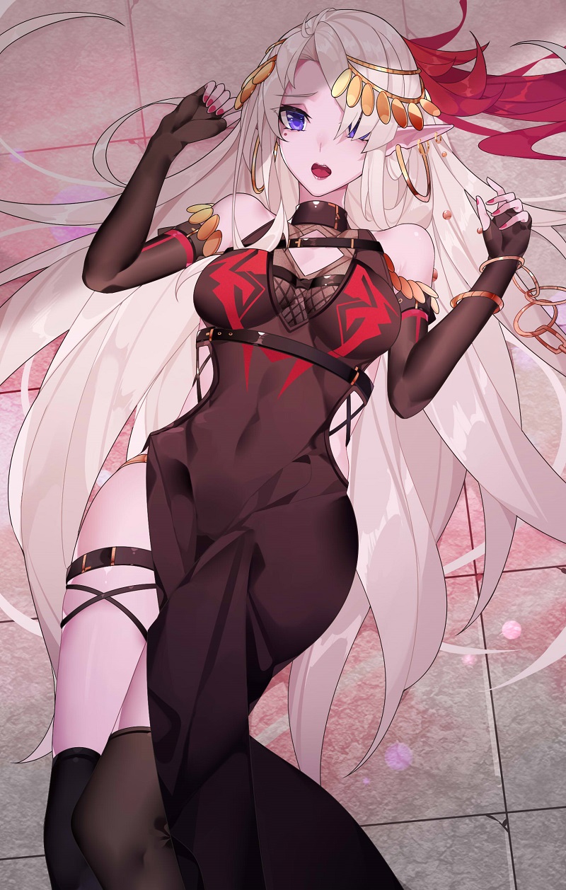 1girl 931466095 bare_shoulders black_legwear bridal_gauntlets collar covered_navel dungeon_and_fighter earrings elf highres hoop_earrings jewelry long_hair looking_at_viewer lying mage on_back pointy_ears side_slit solo thigh_strap very_long_hair violet_eyes white_hair wide_hips