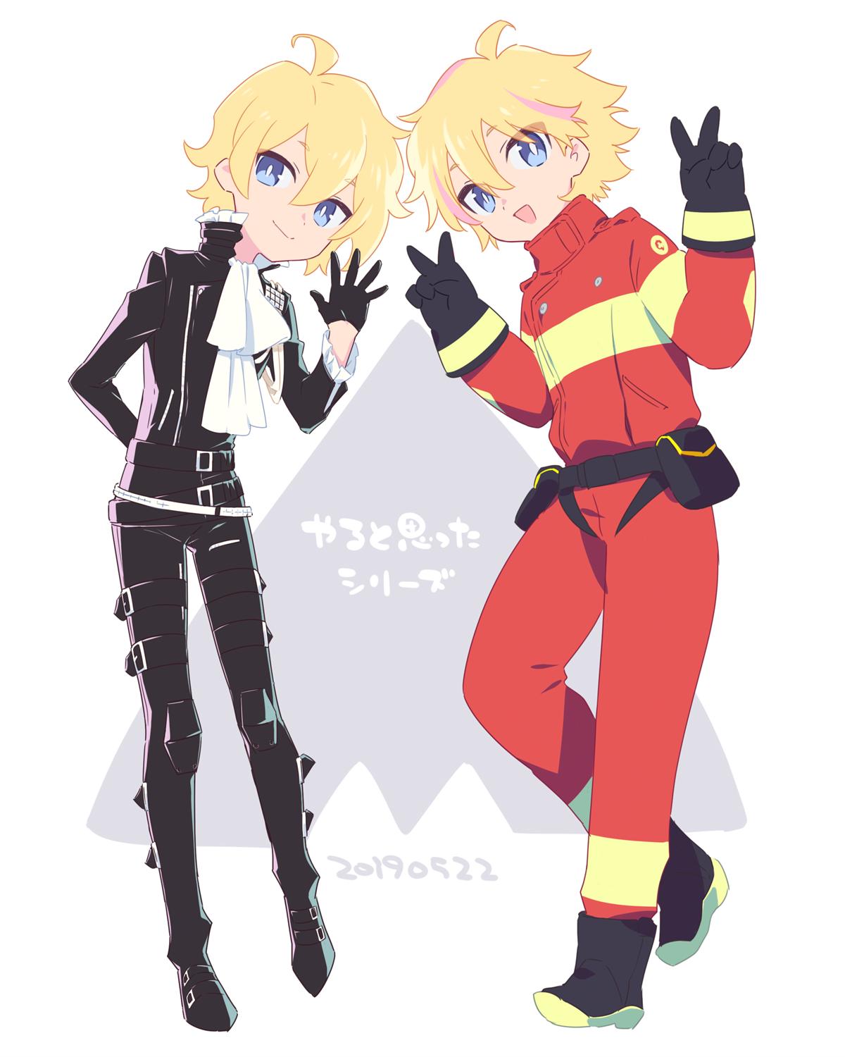 ahoge alpha_omega_nova belt black_gloves black_jacket blonde_hair blue_eyes boots bright_pupils buckle company_connection cosplay cravat dated double_v dual_persona firefighter gloves highres jacket lio_fotia lio_fotia_(cosplay) mt.somo multicolored_hair pouch promare spoilers standing standing_on_one_leg streaked_hair trigger_(company) uchuu_patrol_luluco v