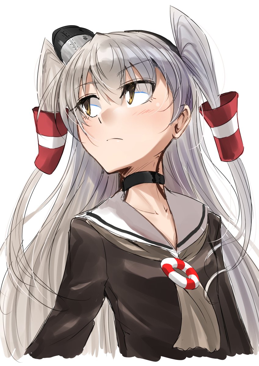 1girl amatsukaze_(kantai_collection) black_choker brown_dress brown_eyes choker commentary_request dress hair_tubes hat highres kantai_collection long_hair looking_back mini_hat neckerchief sailor_collar sailor_dress silver_hair simple_background solo two_side_up upper_body v_r_dragon01 white_background white_neckwear white_sailor_collar windsock