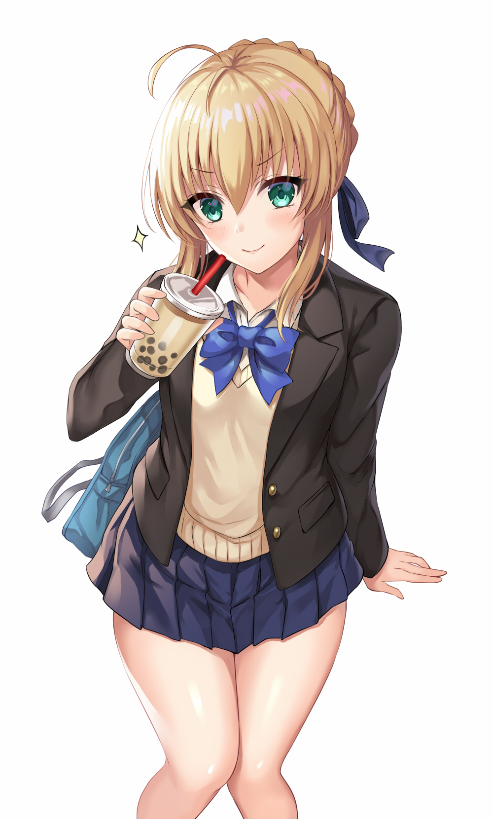 1girl ahoge artoria_pendragon_(all) bangs beige_vest black_jacket blazer blonde_hair blue_neckwear blue_skirt blush bow bowtie breasts bubble_tea casual collarbone collared_shirt commentary_request cup eyebrows_visible_through_hair fate/stay_night fate_(series) green_eyes hair_ribbon harimoji highres holding holding_cup jacket looking_at_viewer open_clothes open_jacket pleated_skirt ribbon saber school_uniform shirt sidelocks simple_background sitting skirt smile solo sparkle white_background white_shirt