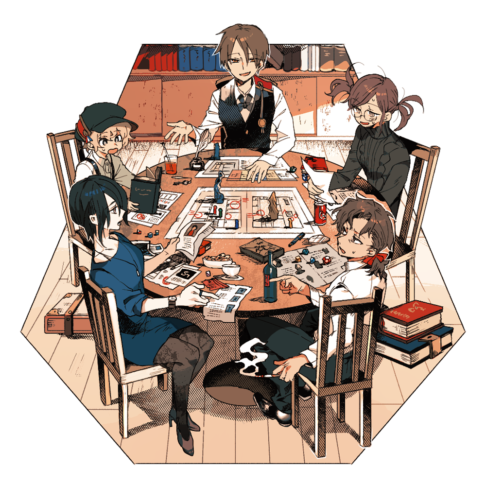 2girls 3boys black_hair blonde_hair book bottle brown_hair cabbie_hat can chair hat indoors multiple_boys multiple_girls newo_(shinra-p) original pantyhose pointing ponytail ribbed_sweater round_eyewear sitting suspenders sweatdrop sweater table tabletop_rpg twintails vest watch watch