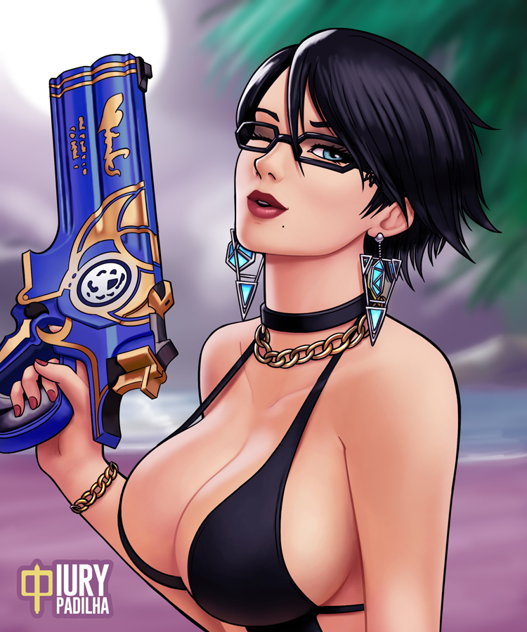 1girl artist_name bangs bayonetta bayonetta_(character) bayonetta_2 beach black_hair blue_eyes bracelet breasts choker earrings eyeshadow glasses gun iury_padilha jewelry large_breasts lips lipstick makeup mole mole_under_mouth nail_polish neckwear nintendo one-piece_swimsuit one_eye_closed open_mouth platinum_games_inc. sega short_hair solo super_smash_bros. swimsuit swimwear weapon