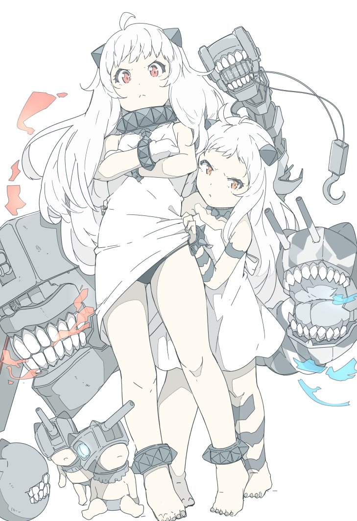 2girls ahoge artillery_imp bare_shoulders barefoot black_panties cuffs dress enemy_aircraft_(kantai_collection) full_body horns kantai_collection long_hair mittens monster_girl multiple_girls ninimo_nimo northern_little_sister northern_ocean_hime orange_eyes panties pout red_eyes shackles shinkaisei-kan side-tie_bottom side-tie_panties simple_background string_panties toenail_polish toenails turret underwear white_background white_dress white_hair white_skin