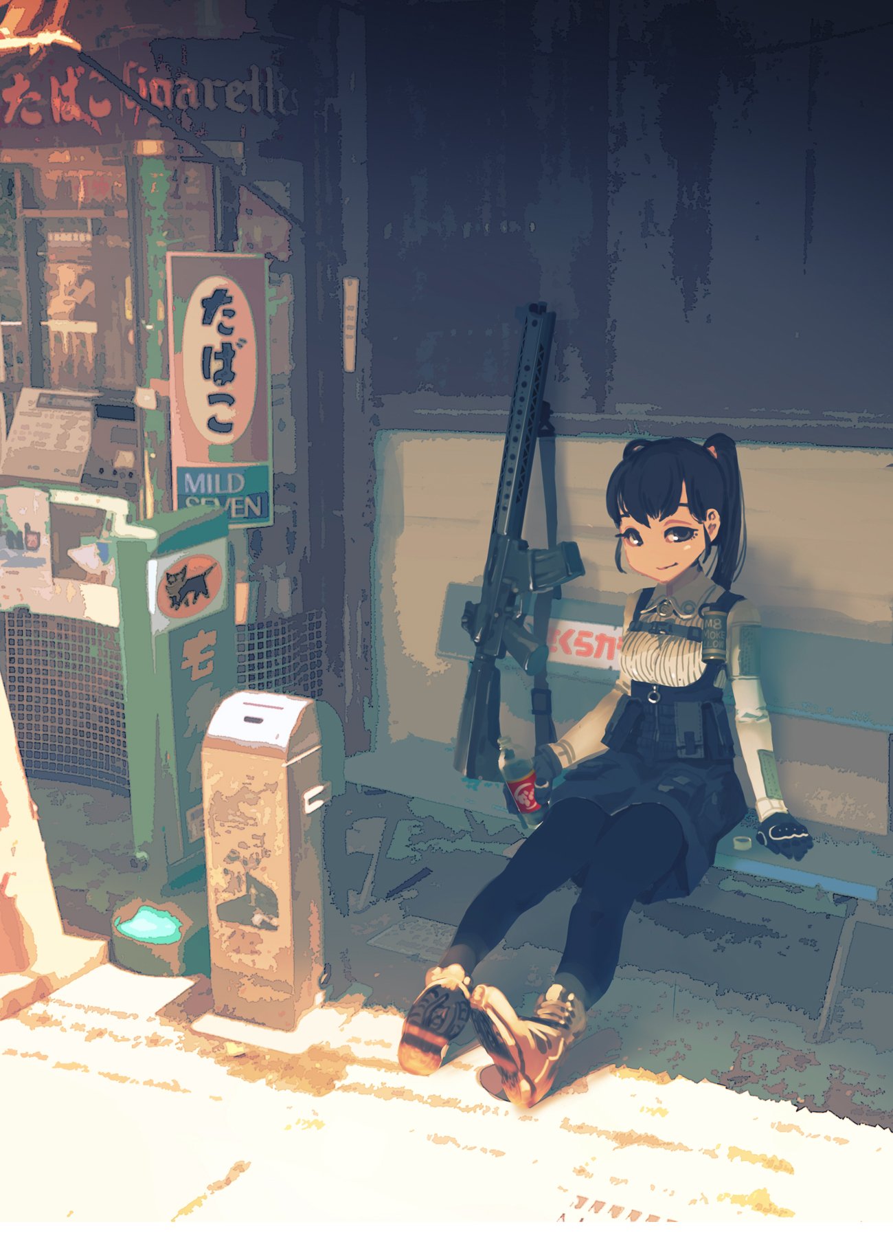 1girl ar-15 assault_rifle bench black_eyes black_hair black_skirt boots bottle breasts commentary_request day english_text explosive gloves grenade gun hair_ribbon highres holding holding_bottle kiosk looking_at_viewer medium_breasts pantyhose rias-coast ribbon rifle shadow shirt sitting skirt smile smoke_grenade solo sunlight trash_can twintails weapon
