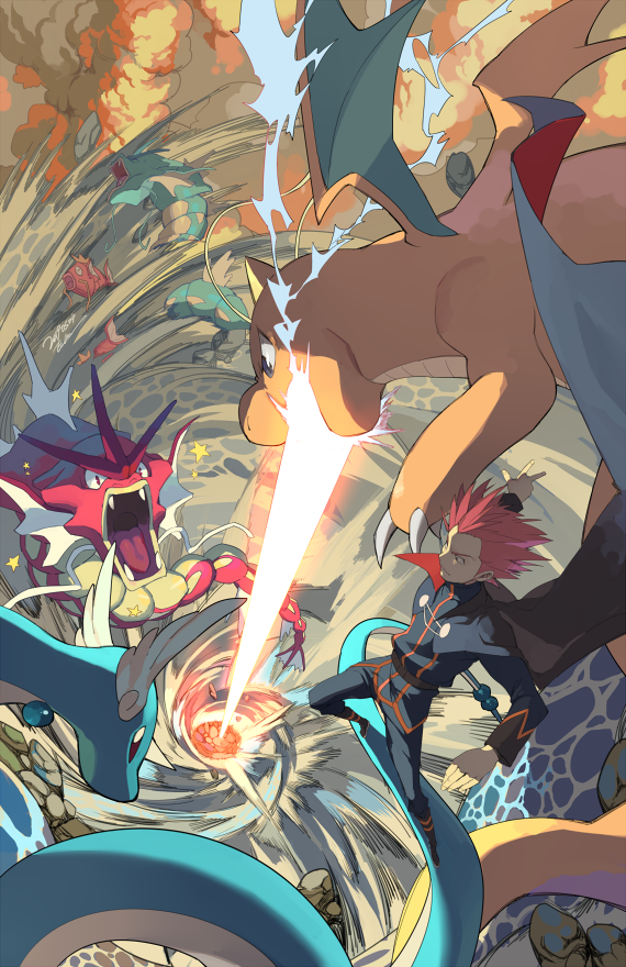 1boy alternate_color angry artist_name battle beam belt black_eyes blue_jacket blue_pants brown_eyes closed_mouth commentary_request dated dragon dragonair dragonite ege_(597100016) elite_four eye_contact fangs gen_1_pokemon gyarados jacket long_sleeves looking_at_another magikarp male_focus open_mouth outstretched_arm pants pokemon pokemon_(creature) pokemon_(game) pokemon_hgss red_eyes redhead shiny_pokemon signature smoke spiky_hair wataru_(pokemon) water