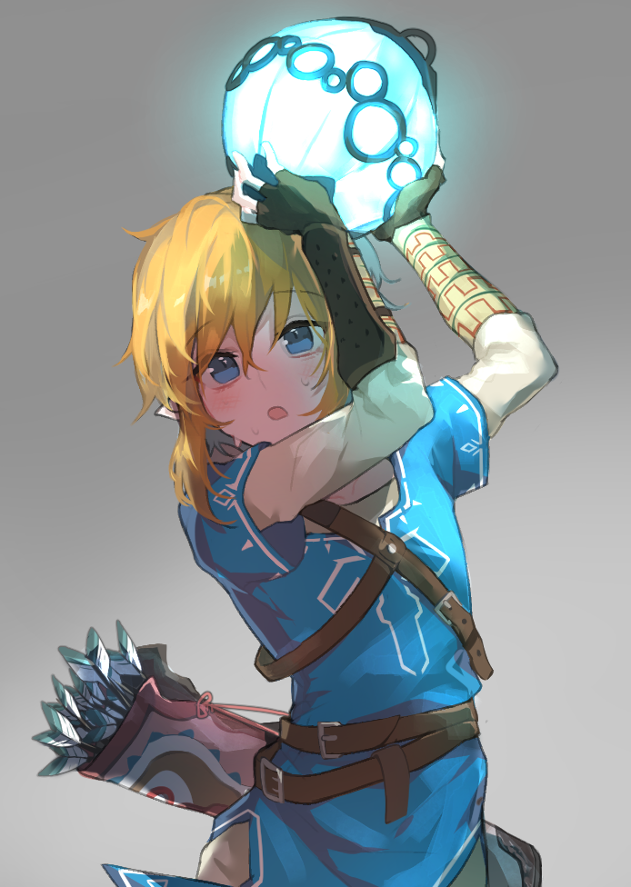1boy :o arms_up arrow ban_mumani bangs belt blonde_hair blue_eyes blue_tunic blush bomb brown_belt commentary_request eyebrows_visible_through_hair gloves glowing grey_background hair_between_eyes hands_up holding holding_bomb link long_hair long_sleeves looking_at_viewer male_focus open_mouth pointy_ears quiver short_sleeves side_slit sidelocks simple_background solo sphere standing sweat the_legend_of_zelda the_legend_of_zelda:_breath_of_the_wild tunic upper_body vambraces