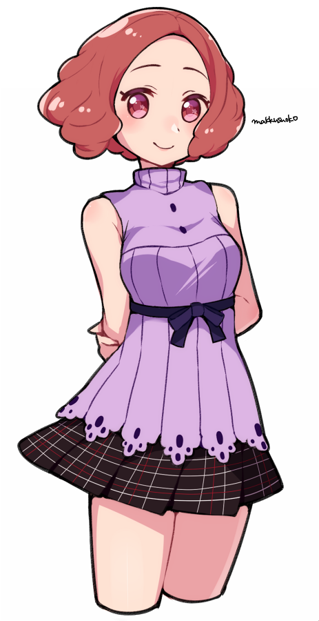 1girl arms_behind_back artist_name blouse blush brown_eyes brown_hair commentary_request do_m_kaeru okumura_haru persona persona_5 plaid plaid_skirt purple_blouse short_hair shuujin_academy_uniform skirt smile solo turtleneck