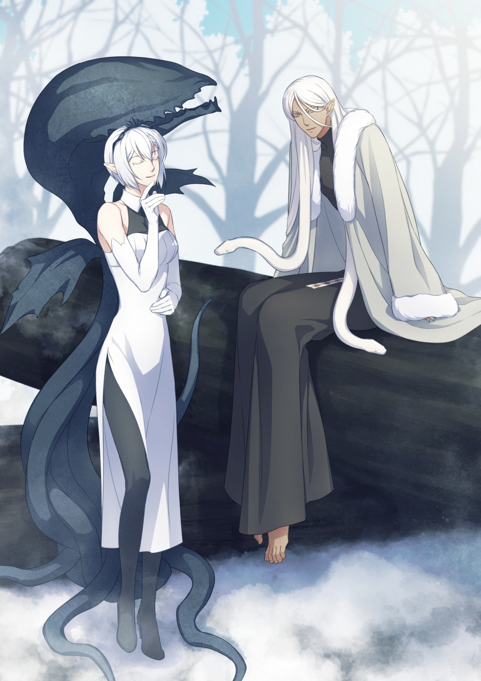 1boy 1girl bare_tree barefoot closed_eyes dark_skin dress elbow_gloves gloves highres log long_hair long_sleeves niggurath_the_ancient_tree_branch outdoors pixiv_fantasia pixiv_fantasia_last_saga pointy_ears shima108 short_hair sitting sleeveless sleeveless_dress snake snake_hair standing tree very_long_hair wenham_alvarapis white_gloves white_hair