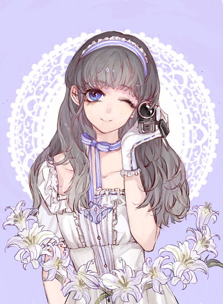 1girl ;) bangs black_hair blue_eyes blunt_bangs camcorder camera cardcaptor_sakura collarbone daidouji_tomoyo doily dress flower gloves hairband lily_(flower) long_hair neck_ribbon one_eye_closed purple_background rela_xixuegui ribbon simple_background smile solo white_dress white_gloves