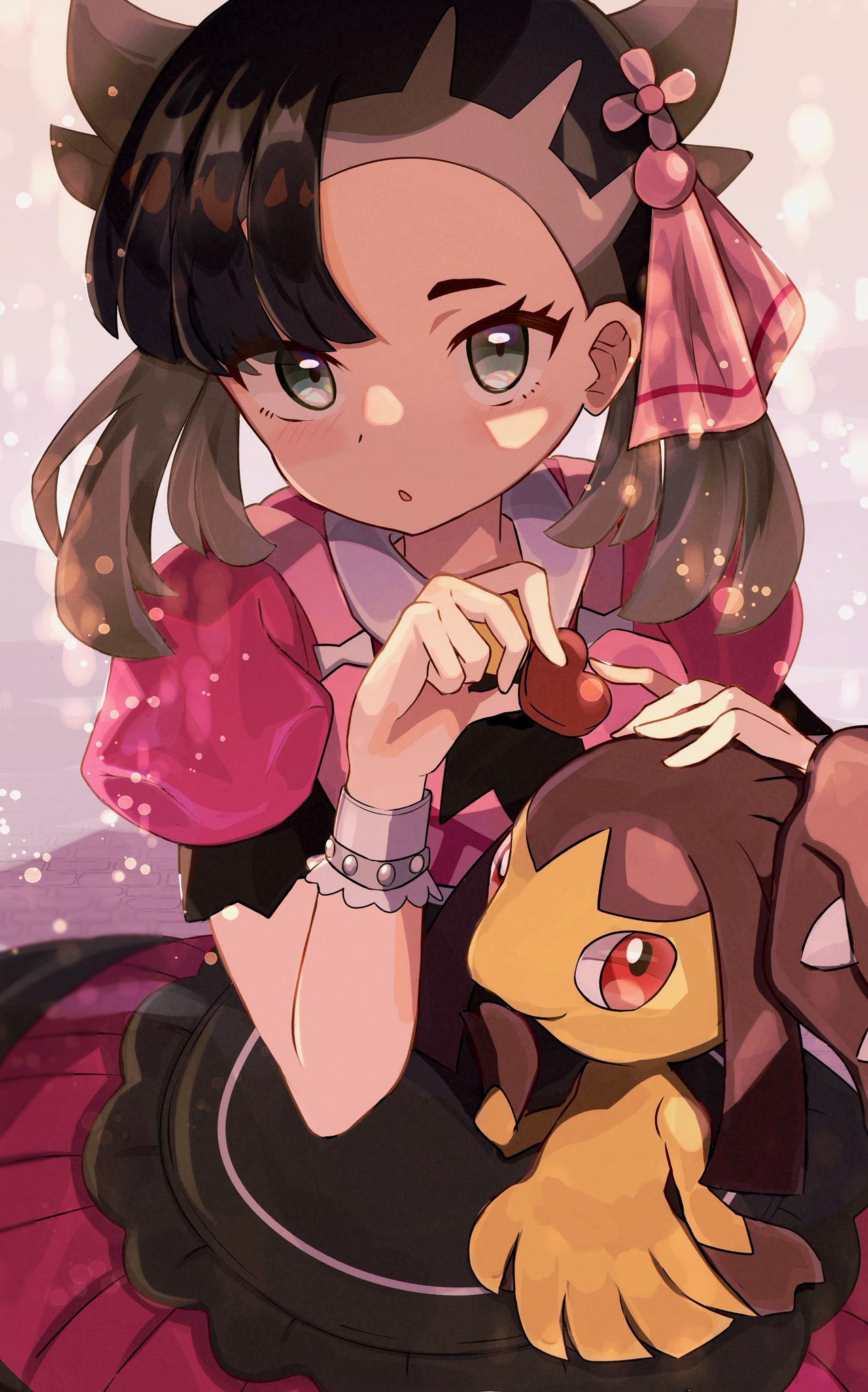 1girl :o asymmetrical_bangs bangs black_hair candy chocolate commentary_request dress food green_eyes hair_ribbon hand_up heart heart-shaped_chocolate highres holding holding_chocolate holding_food looking_at_viewer marnie_(pokemon) mawile official_alternate_costume on_lap open_mouth pokemon pokemon_(creature) pokemon_(game) pokemon_masters_ex pokemon_on_lap red_dress ribbon short_sleeves twintails two_side_up umiru upper_body valentine wrist_cuffs