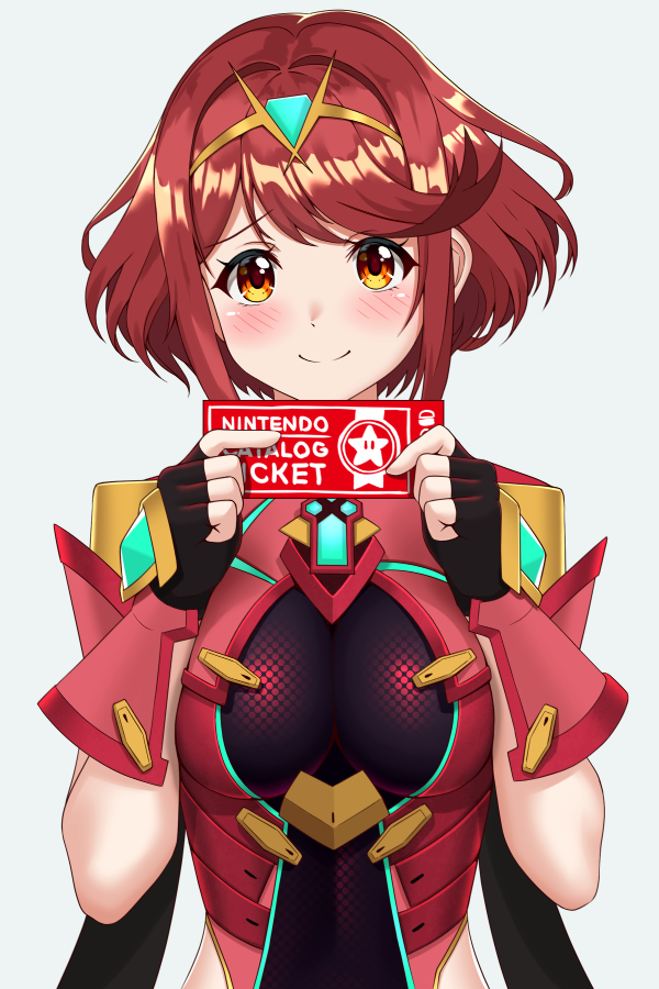 1girl bangs blush breasts coupon earrings fingerless_gloves gem gloves headpiece pyra_(xenoblade) jewelry large_breasts looking_at_viewer red_eyes red_shorts redhead short_hair shorts shoulder_armor simple_background smile solo sssemiii swept_bangs tiara white_background xenoblade_(series) xenoblade_2