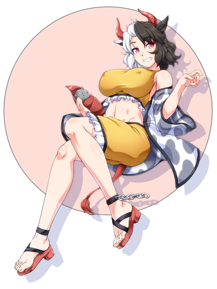1girl animal_ears animal_print bangs bare_shoulders black_hair breasts chain circle commentary_request covered_nipples cow_ears cow_horns cow_print cow_tail crop_top drop_shadow eyebrows_visible_through_hair frills full_body grin groin hair_between_eyes haori head_tilt holding horns japanese_clothes large_breasts long_sleeves looking_at_viewer midriff multicolored_hair navel off_shoulder ootsuki_wataru pink_eyes red_footwear sandals short_hair shorts silver_hair simple_background sitting smile solo sports_bra stomach tail touhou two-tone_hair ushizaki_urumi white_background wide_sleeves yellow_shorts