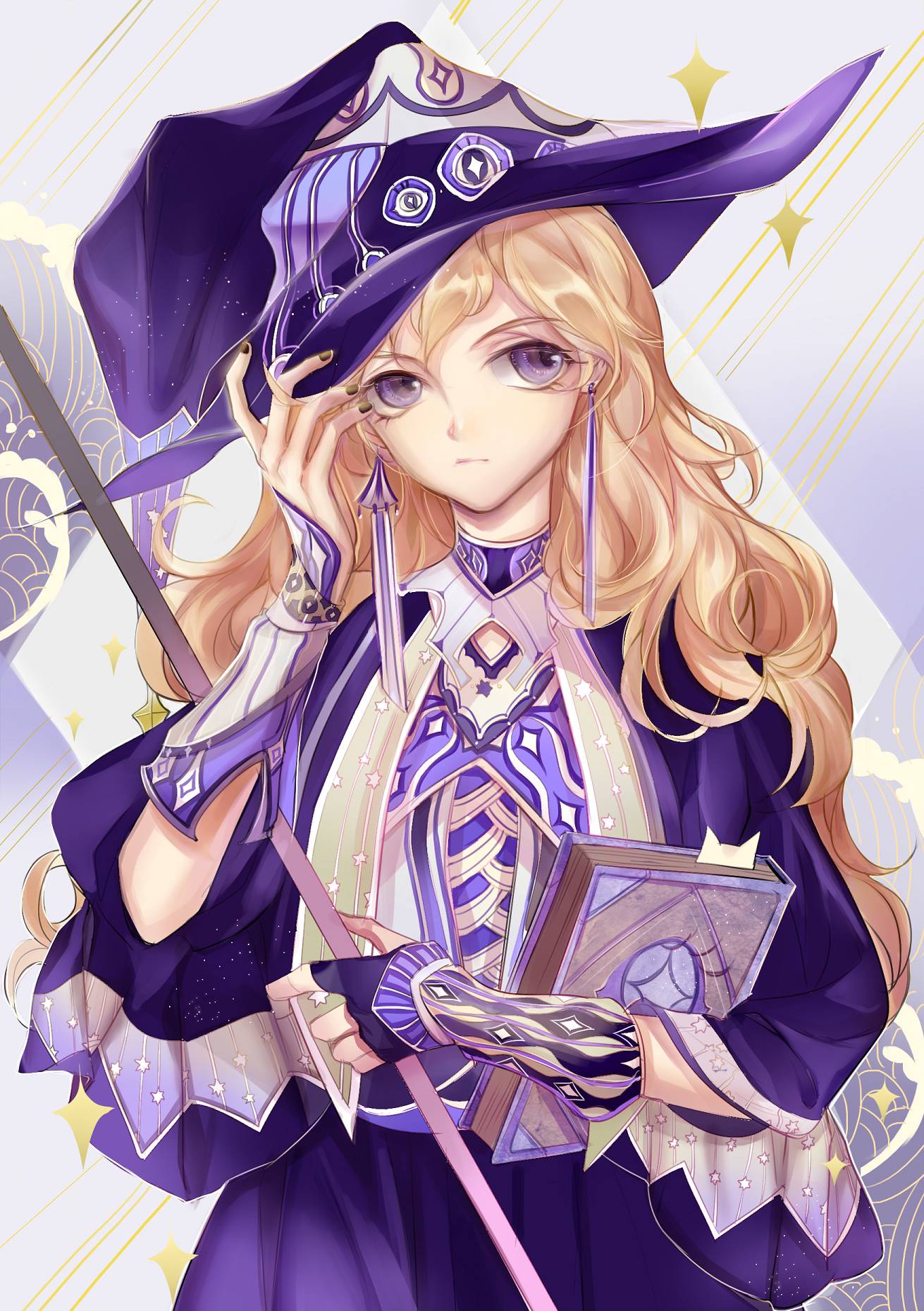 1girl black_nails blonde_hair book bookmark dress earrings hand_up hat highres holding holding_book jewelry kirisame_marisa long_hair looking_at_viewer nail_polish purple_headwear rela_xixuegui solo staff touhou upper_body violet_eyes witch_hat