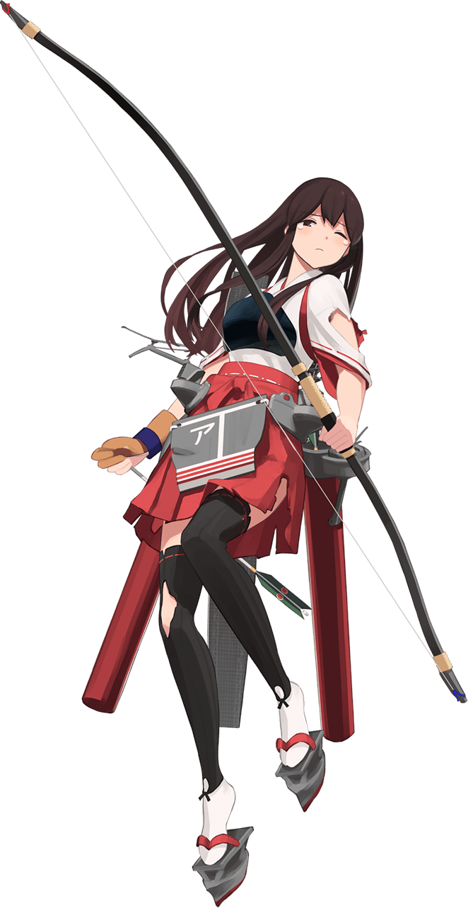 1girl akagi_(kantai_collection) arrow black_legwear bow breasts brown_eyes brown_gloves brown_hair closed_mouth frown full_body gloves hakama_skirt highres hull_shoes japanese_clothes kantai_collection large_breasts long_hair looking_at_viewer muneate official_art one_eye_closed pleated_skirt quiver remodel_(kantai_collection) rigging shibafu_(glock23) sidelocks single_glove skirt solo source_request thigh-highs torn_clothes transparent_background turret wide_sleeves