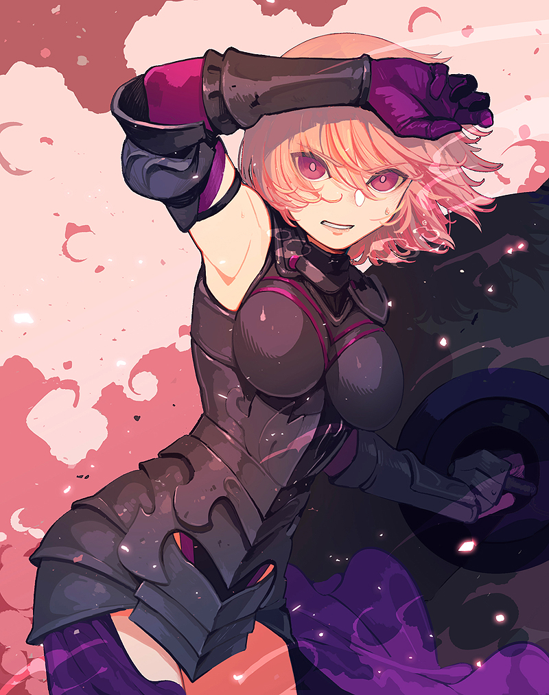 1girl arm_up armor armored_leotard armpits bangs bare_shoulders black_armor black_leotard breasts clenched_teeth commentary cowboy_shot elbow_gloves eyebrows_visible_through_hair fate/grand_order fate_(series) gauntlets gloves holding_shield leotard looking_at_viewer mash_kyrielight medium_breasts parted_lips pink_hair purple_gloves shield short_hair solo standing sungwon sweat sweatdrop teeth underbust violet_eyes wind