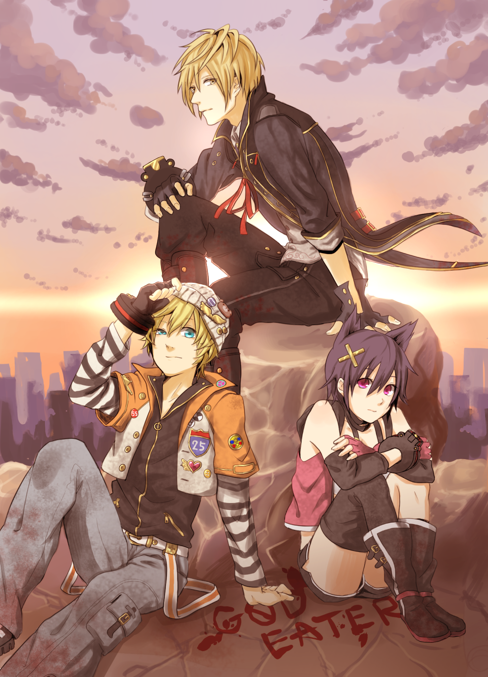 1girl 2boys adjusting_clothes adjusting_hat animal_ears badge belt black_gloves black_jacket black_pants blonde_hair blue_eyes boots button_badge copyright_name crossed_arms denim fingerless_gloves gloves god_eater god_eater_burst hair_ornament hat hat_ornament hayu_x highres jacket knees_up kouzuki_nana looking_at_viewer multiple_boys pants pink_eyes pink_gloves player_(god_eater_burst) purple_hair rock short_hair short_shorts shorts sitting sunset x_hair_ornament yellow_eyes