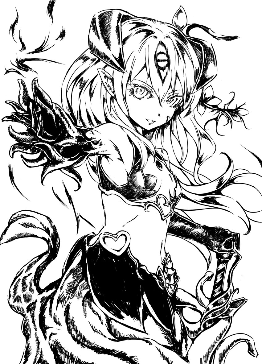 1girl alisfieze_fateburn_xvi breasts commentary_request cowboy_shot elbow_gloves flower gloves greyscale hair_between_eyes hair_flower hair_ornament horns jitsu_shizu long_hair looking_at_viewer mon-musu_quest! mon-musu_quest:_paradox monochrome monster_girl pointy_ears simple_background sketch skirt small_breasts smirk solo tentacles upper_body white_background