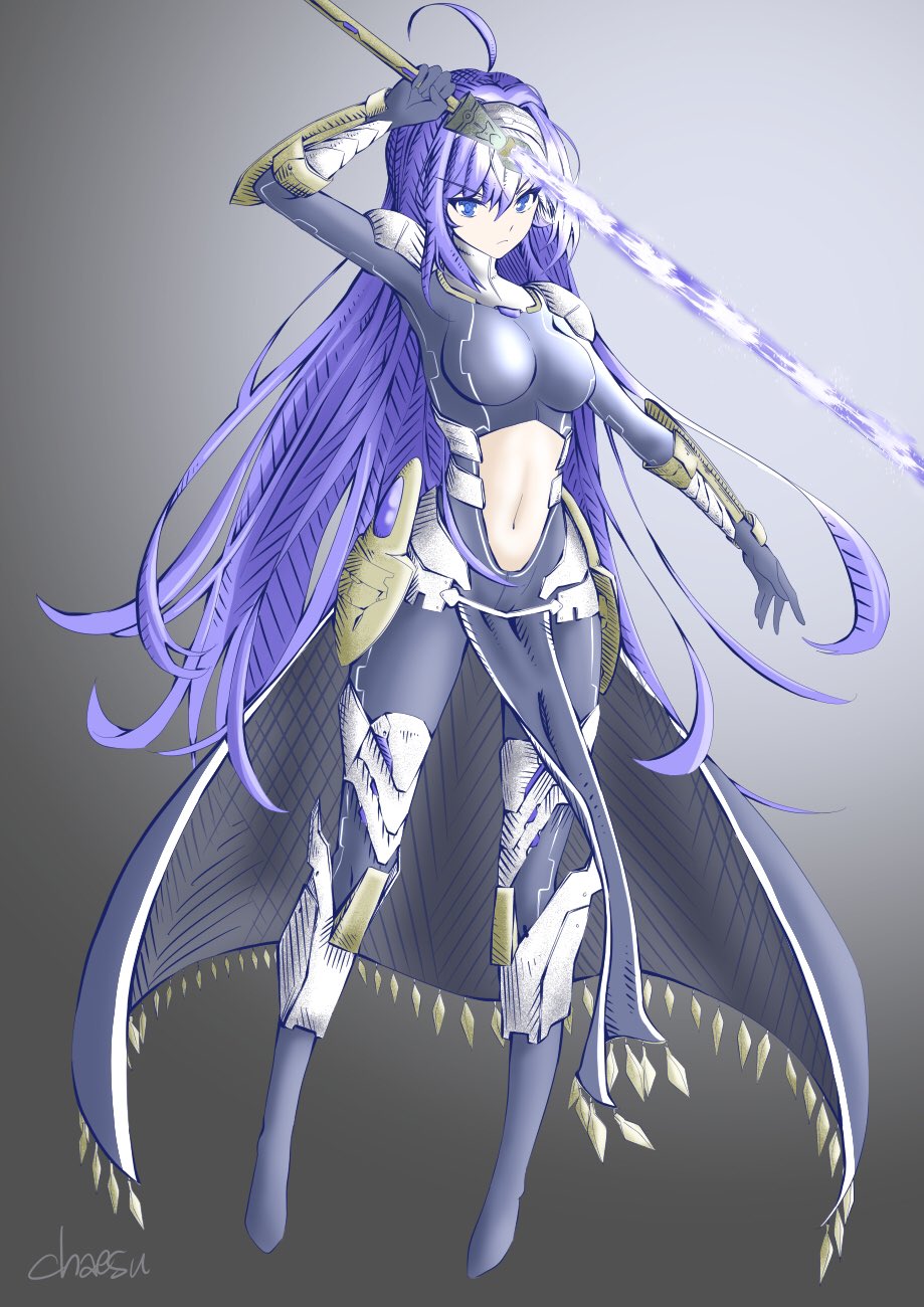adapted_costume ahoge angry armor armored_dress blue_eyes blue_hair breasts chaesu gloves hairband highres long_hair long_skirt medium_breasts navel navel_cutout orie_(under_night_in-birth) skirt sword under_night_in-birth very_long_hair weapon