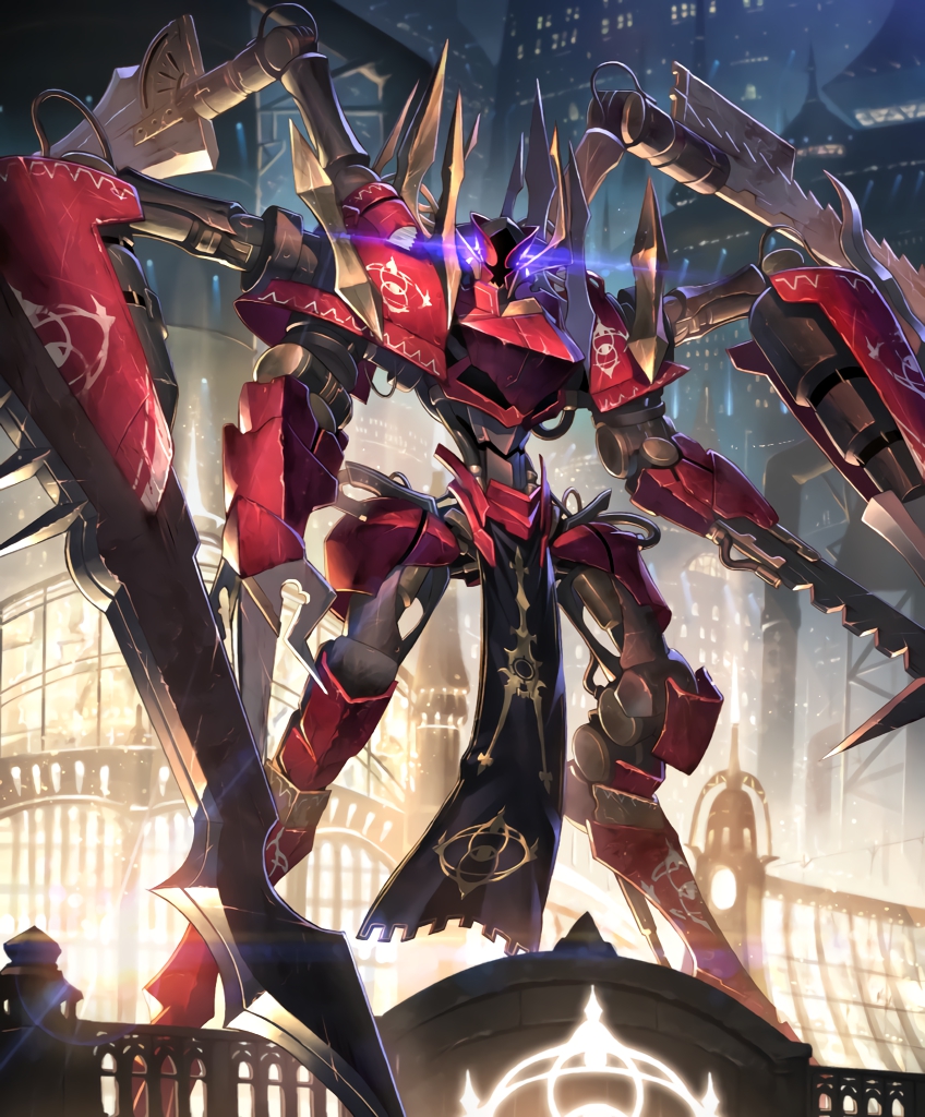 arm_blade artist_request building cable cityscape cygames digitigrade emblem glowing looking_at_viewer mecha multiple_arms no_humans official_art pelvic_curtain robot shadowverse size_difference skyscraper tisiphone_the_malignant tube weapon