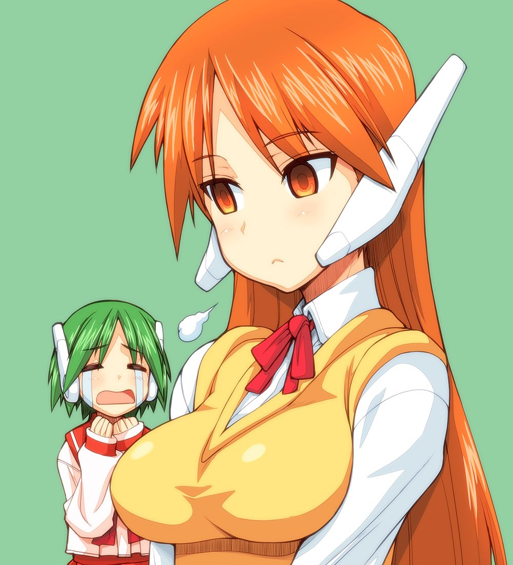 2girls =3 bangs blouse bow bowtie breasts closed_eyes closed_mouth commentary_request crying crying_with_eyes_open dress_shirt eyebrows_visible_through_hair frown green_background green_hair hagiya_masakage large_breasts light_blush long_hair looking_to_the_side multi multiple_girls neck_ribbon open_mouth orange_eyes orange_hair pink_blouse pink_neckwear pink_skirt red_neckwear ribbon robot_ears school_uniform serafuku serio shirt short_hair simple_background skirt snort sweater_vest t_t tears to_heart vest white_shirt wing_collar yellow_vest