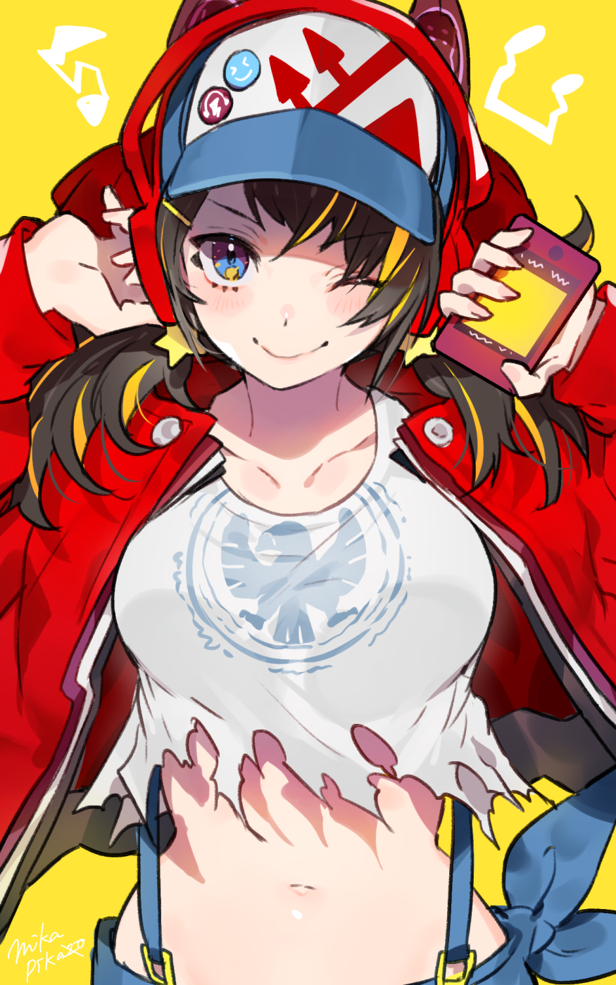 1girl ;) baseball_cap blonde_hair blue_eyes blue_headwear blush breasts brown_hair cellphone character_request chunithm closed_mouth collarbone crop_top hands_up hat headphones highres holding holding_phone jacket large_breasts long_hair long_sleeves looking_at_viewer low_twintails medium_breasts midriff mika_pikazo multicolored_hair navel official_art one_eye_closed open_clothes open_jacket phone red_jacket shirt signature simple_background smartphone smile solo stomach streaked_hair suspenders torn_clothes torn_shirt twintails upper_body v-shaped_eyebrows white_shirt yellow_background