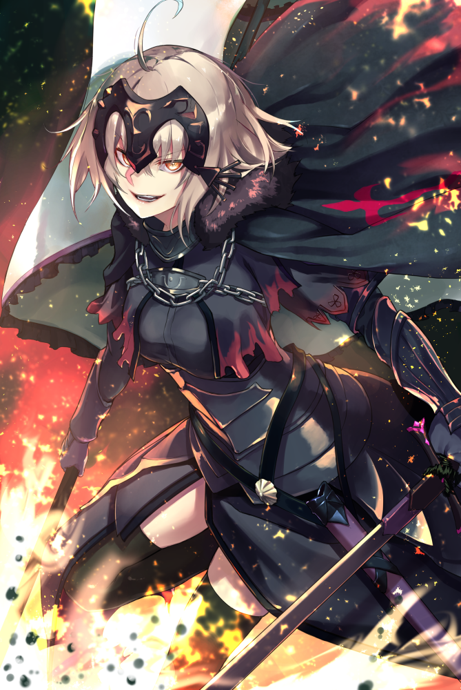 1girl ahoge armor armored_dress bangs breasts cape chain commentary_request dress evil_grin evil_smile eyebrows_visible_through_hair fate/grand_order fate_(series) flag fur-trimmed_cape fur_trim gauntlets grey_hair grin headpiece holding holding_flag holding_sword holding_weapon jeanne_d'arc_(alter)_(fate) jeanne_d'arc_(fate)_(all) long_hair looking_at_viewer medium_breasts shimozuki_shio smile solo sword weapon yellow_eyes