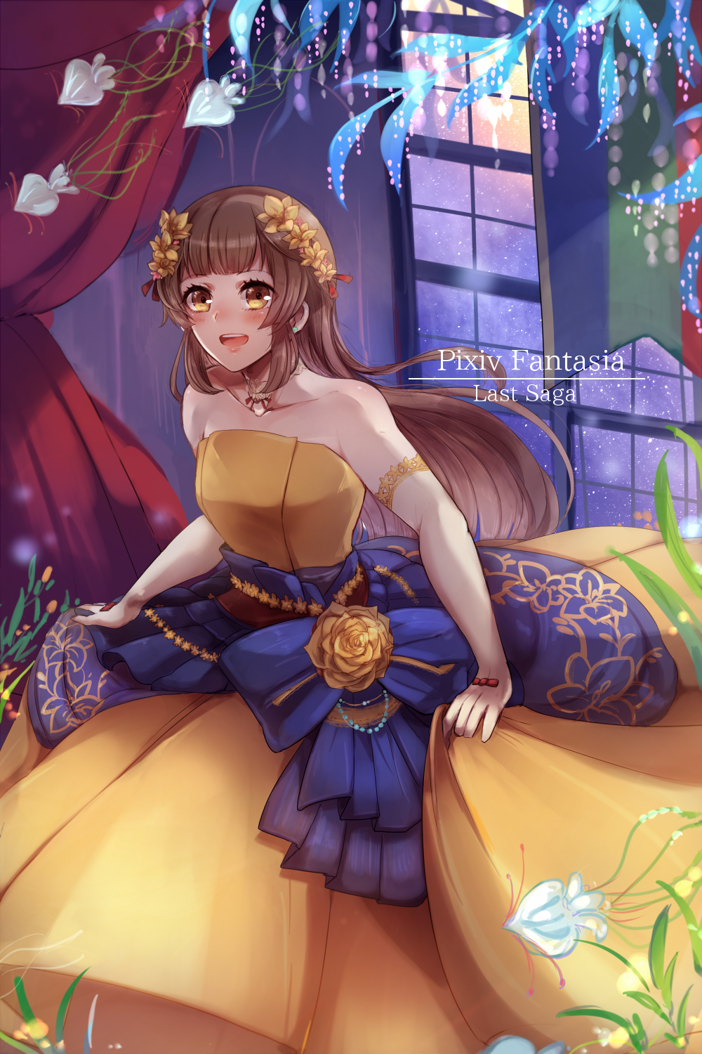 1girl :d bangs bare_shoulders blush brown_eyes copyright_name dress dress_bow flower gold_trim highres indoors long_hair looking_at_viewer narumiko_busa open_mouth pixiv_fantasia pixiv_fantasia_last_saga pyrite_alchemist_ripley red_curtain skirt_hold sleeveless sleeveless_dress smile solo standing very_long_hair window yellow_dress