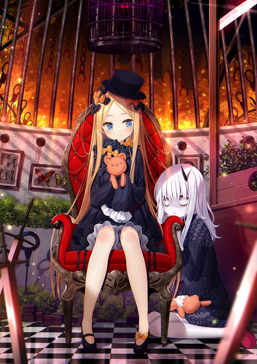 2girls abigail_williams_(fate/grand_order) bangs birdcage black_bow black_dress black_footwear black_headwear blonde_hair blue_eyes blush bow bug butterfly cage chair checkered checkered_floor closed_mouth commentary_request dress fate/grand_order fate_(series) full_body glowing glowing_eyes guillotine hair_between_eyes hair_bow hat highres horn insect key lavinia_whateley_(fate/grand_order) long_hair long_sleeves multiple_girls object_hug orange_bow parted_bangs polka_dot polka_dot_bow red_footwear sitting sleeves_past_fingers sleeves_past_wrists smile stuffed_animal stuffed_toy sword teddy_bear very_long_hair wariza weapon white_bloomers white_hair yano_mitsuki