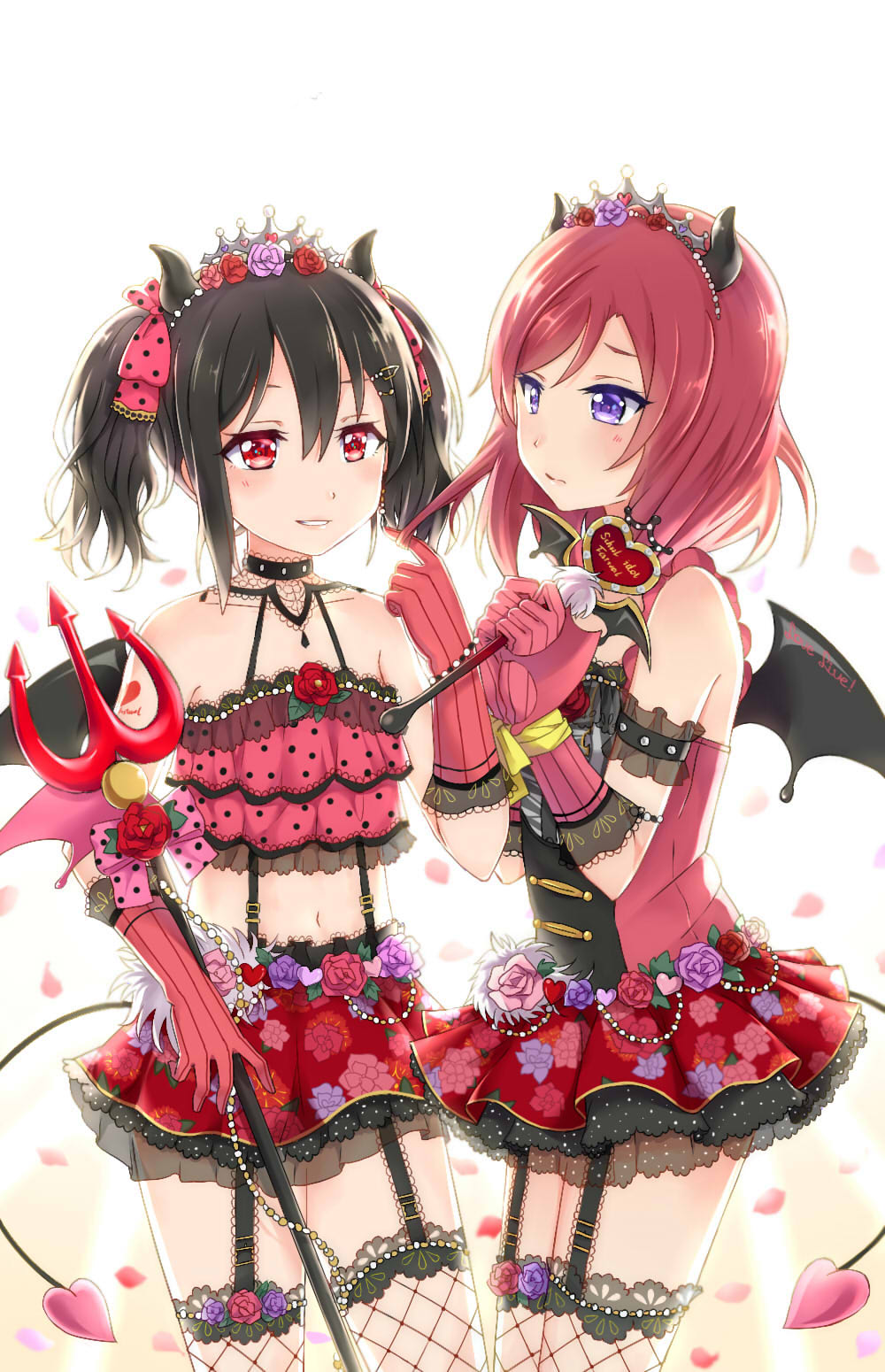 2girls arm_tattoo armlet arms_up bangs bare_shoulders bead_bracelet beads black_hair blush bound bound_wrists bow bracelet breasts camisole center_frills chinese_commentary choker closed_mouth collarbone commentary_request cowboy_shot crop_top demon_horns demon_tail demon_wings dress earrings elbow_gloves eyes_visible_through_hair fake_horns fishnet_legwear fishnets floral_print flower frilled_dress frilled_skirt frills fur garter_straps gloves hair_beads hair_between_eyes hair_bow hair_flower hair_ornament hair_twirling hairclip hands_together heart heart_tattoo highres holding holding_wand holding_weapon horns jewelry lace lace-trimmed_dress lace-trimmed_gloves lace-trimmed_legwear lace-trimmed_skirt lace_trim layered_dress layered_skirt love_live! love_live!_school_idol_festival love_live!_school_idol_project midriff miniskirt multiple_girls navel nishikino_maki parted_bangs petals pink_bow pink_flower pink_gloves pink_rose pitchfork playing_with_another's_hair polka_dot polka_dot_bow polka_dot_camisole print_dress print_skirt purple_flower purple_rose red_bow red_eyes red_flower red_rose redhead rose rose_print see-through shenmeren short_dress short_hair short_twintails skirt sleeveless sleeveless_dress small_breasts smirk standing stomach striped striped_gloves suspender_skirt suspenders tail tattoo thigh-highs tiara tsurime twintails vertical-striped_gloves violet_eyes wand weapon white_background wings yazawa_nico