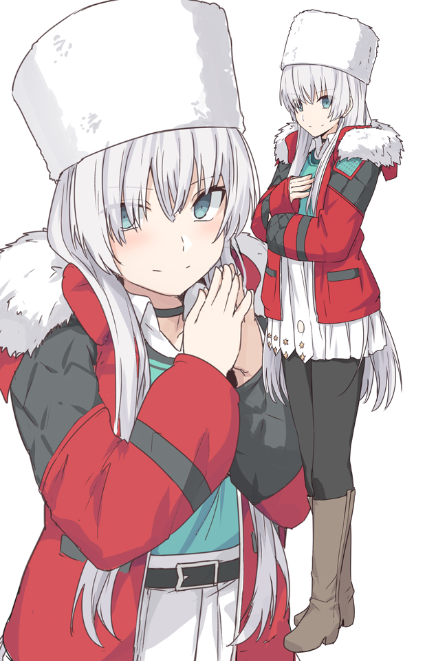 1girl anastasia_(fate/grand_order) bangs belt black_legwear blue_eyes choker coat eyebrows_visible_through_hair fate/grand_order fate_(series) fur-trimmed_coat fur_trim hair_between_eyes long_hair long_sleeves looking_at_viewer multiple_views own_hands_together pantyhose red_coat shiseki_hirame silver_hair simple_background skirt white_background white_headwear white_skirt wing_collar