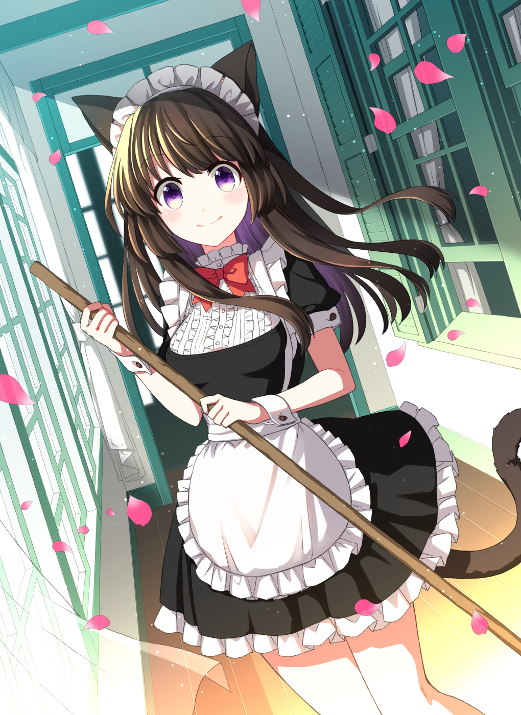 1girl animal_ears apron bangs black_dress black_hair blush bow bowtie broom cat_ears cat_tail center_frills coconat_summer commentary_request curtains dress frilled_apron frilled_dress frilled_shirt_collar frills highres long_hair looking_at_viewer maid maid_headdress original petals red_neckwear short_sleeves smile solo tail violet_eyes waist_apron white_apron window wooden_floor wrist_cuffs