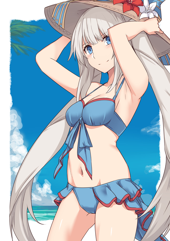 1girl bangs bikini blue_bikini blue_eyes closed_mouth cowboy_shot eyebrows_visible_through_hair fate/grand_order fate_(series) flower hands_on_headwear hat hat_flower long_hair looking_at_viewer marie_antoinette_(fate/grand_order) marie_antoinette_(swimsuit_caster)_(fate) navel shiseki_hirame silver_hair solo sun_hat swimsuit twintails very_long_hair