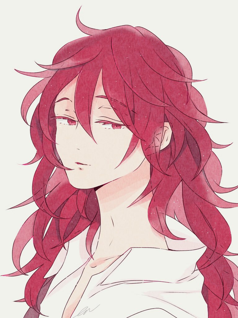 1other androgynous colored_eyelashes eeennnka eyebrows_visible_through_hair houseki_no_kuni long_hair looking_at_viewer open_clothes open_collar open_shirt padparadscha_(houseki_no_kuni) red_eyes redhead solo upper_body wavy_hair