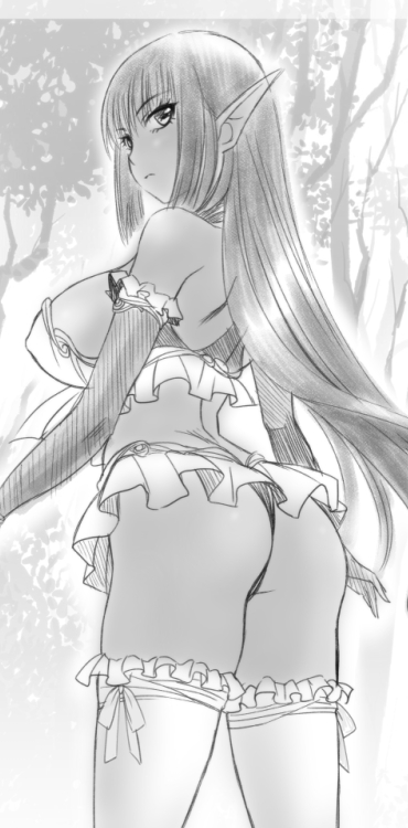 1girl ass bow_legwear breasts covered_nipples elbow_gloves elf eyebrows_visible_through_hair forest frilled_gloves frilled_legwear frills gloves kuroda_akimi large_breasts long_hair looking_back miniskirt nature original outdoors pointy_ears sample sketch skirt solo thigh-highs tree