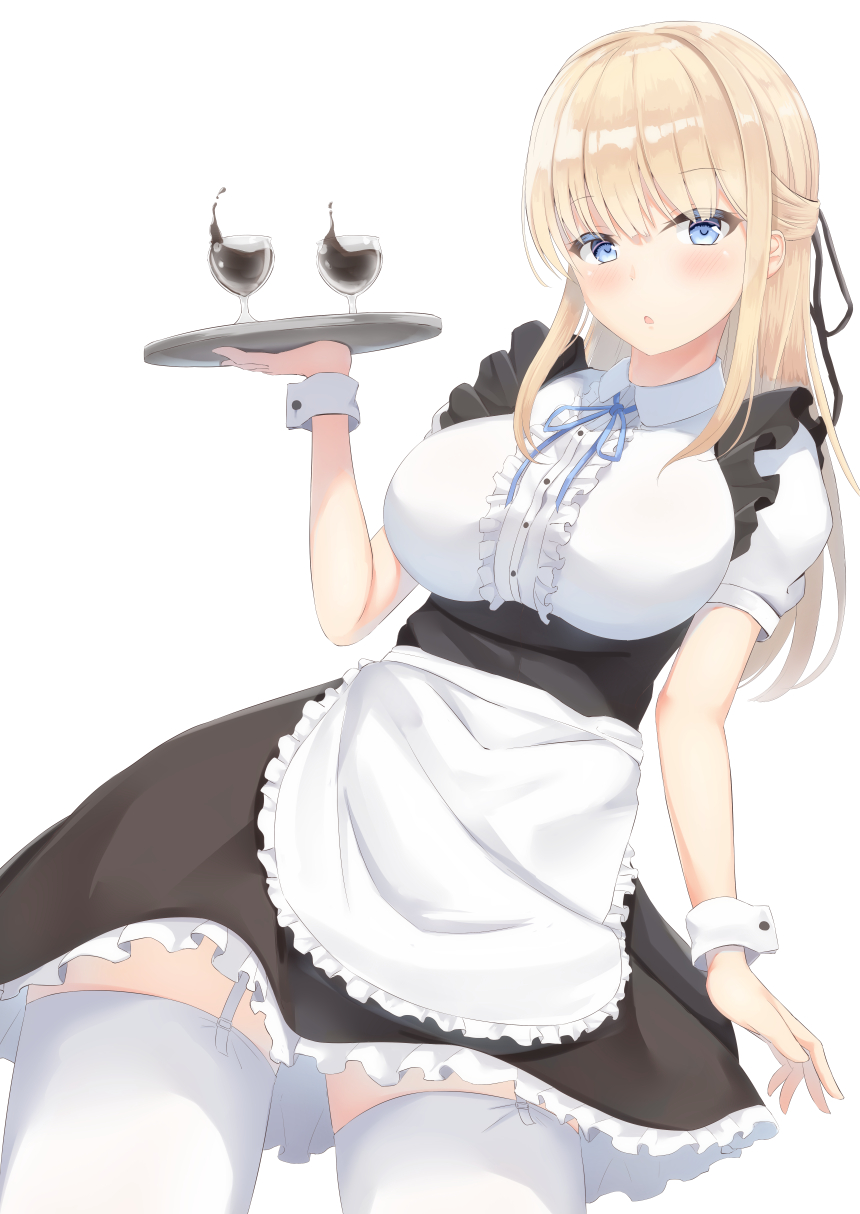1girl alcohol apron arm_up bangs black_dress blonde_hair blue_eyes blush breasts collared_shirt cup dress drinking_glass eyebrows_visible_through_hair frilled_apron frilled_dress frills hair_between_eyes hair_ribbon highres holding holding_plate kanade_pa large_breasts leaning_to_the_side long_hair looking_at_viewer maid maid_apron neck_ribbon open_mouth original plate ribbon shirt short_sleeves simple_background solo thigh-highs thigh_strap thighs white_apron white_background white_legwear white_shirt wine_glass zettai_ryouiki