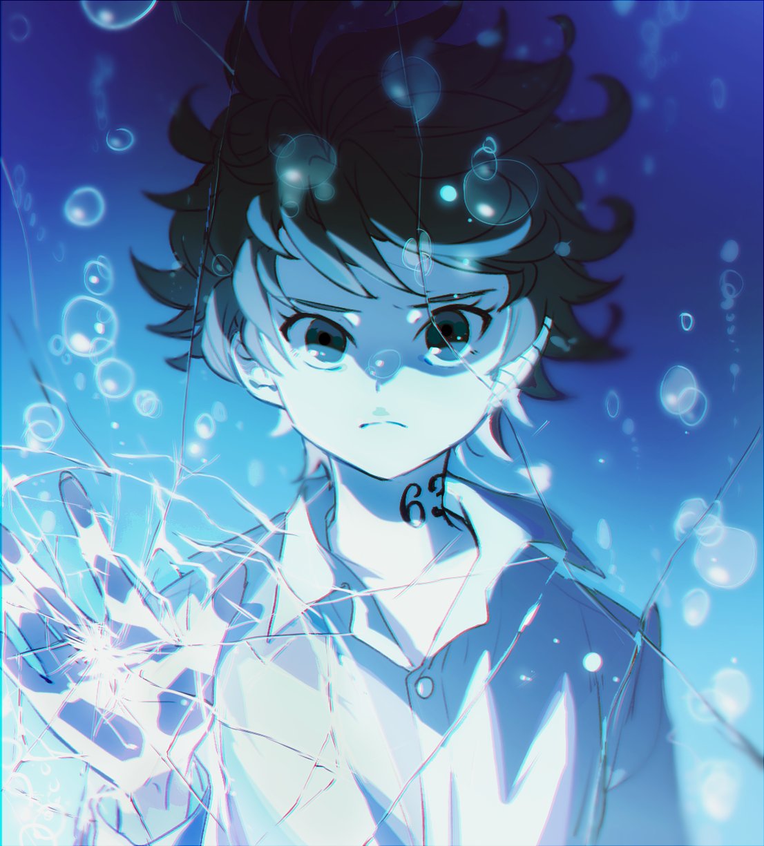 1girl air_bubble broken_glass bubble closed_mouth commentary crack cracked emma_(yakusoku_no_neverland) glass grey_eyes hand_up highres ke02152 long_sleeves looking_at_viewer neck_tattoo number_tattoo shirt short_hair simple_background solo standing tattoo touching underwater water white_shirt yakusoku_no_neverland