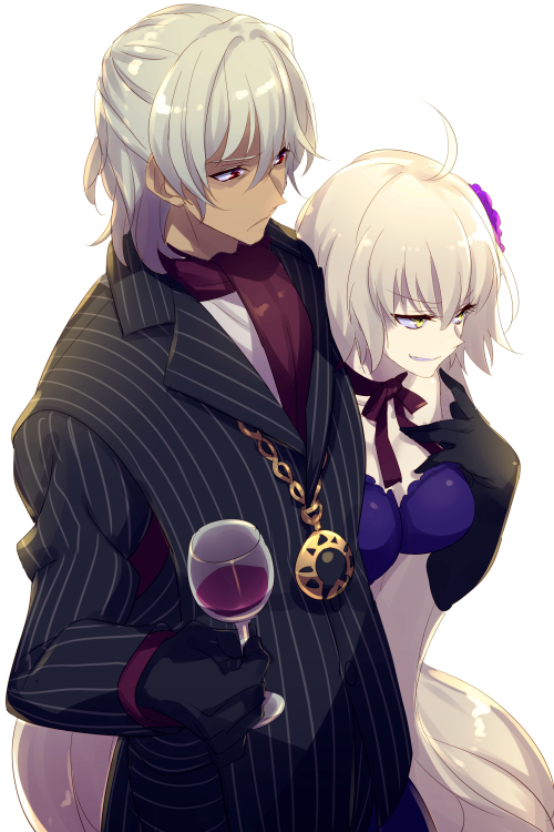 1boy 1girl ahoge antonio_salieri_(fate/grand_order) black_gloves bow breasts cis05 closed_mouth commentary_request cup dark_skin dark_skinned_male dress drinking_glass elbow_gloves eyebrows_visible_through_hair fate/grand_order fate_(series) flower formal gloves hair_between_eyes hair_flower hair_ornament holding jeanne_d'arc_(alter)_(fate) jeanne_d'arc_(fate)_(all) jewelry large_breasts long_hair medallion parted_lips pinstripe_suit purple_dress purple_flower red_eyes ribbon scarf short_hair silver_hair simple_background smile striped suit teeth very_long_hair white_background white_hair wine_glass yellow_eyes